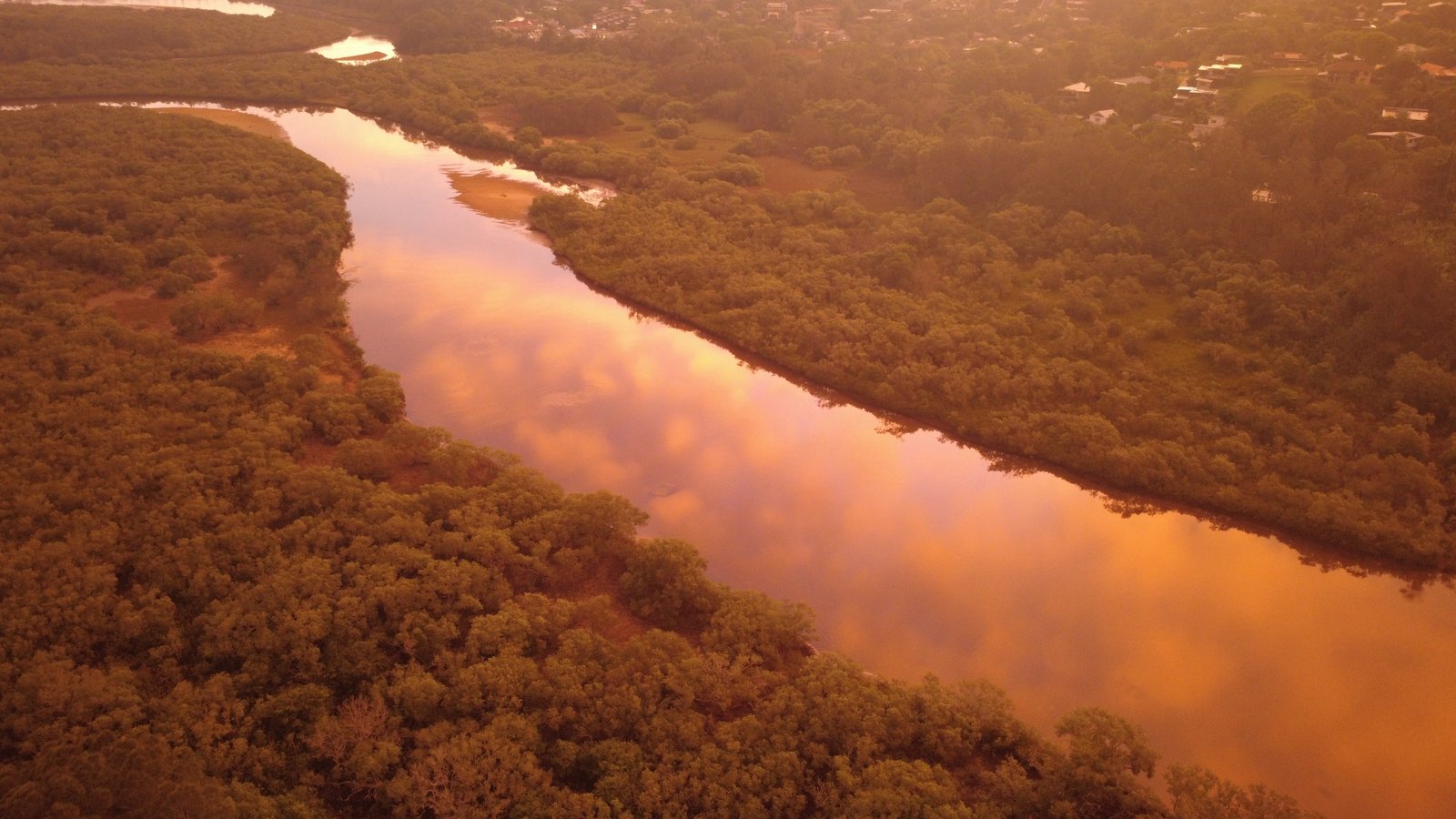 Aerial view of Brunswick River estuary at sunset, Northern NSW